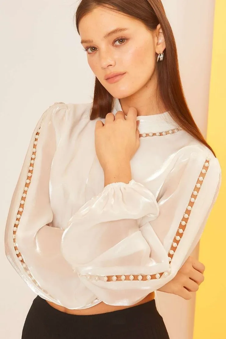 Perla Pearl Trim Organza Blouse