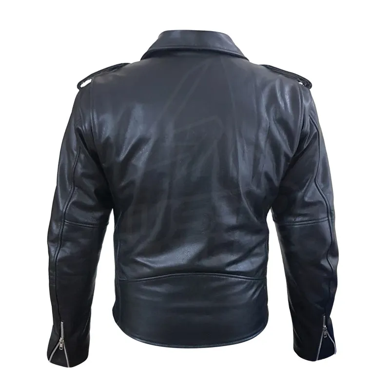 "Perfect Biker Style" Classic Black Premium Leather Motorcycle Jacket with removable armor