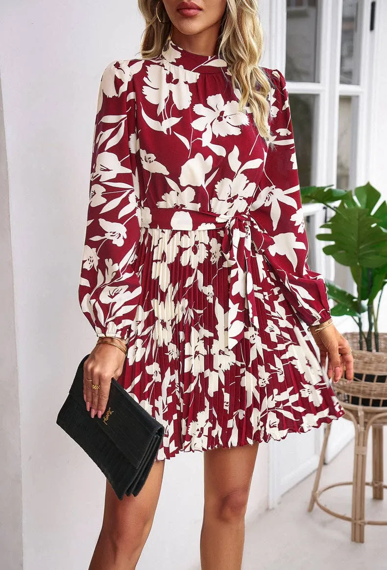 Red Long-Sleeved Floral Print Ruffled Short Dress