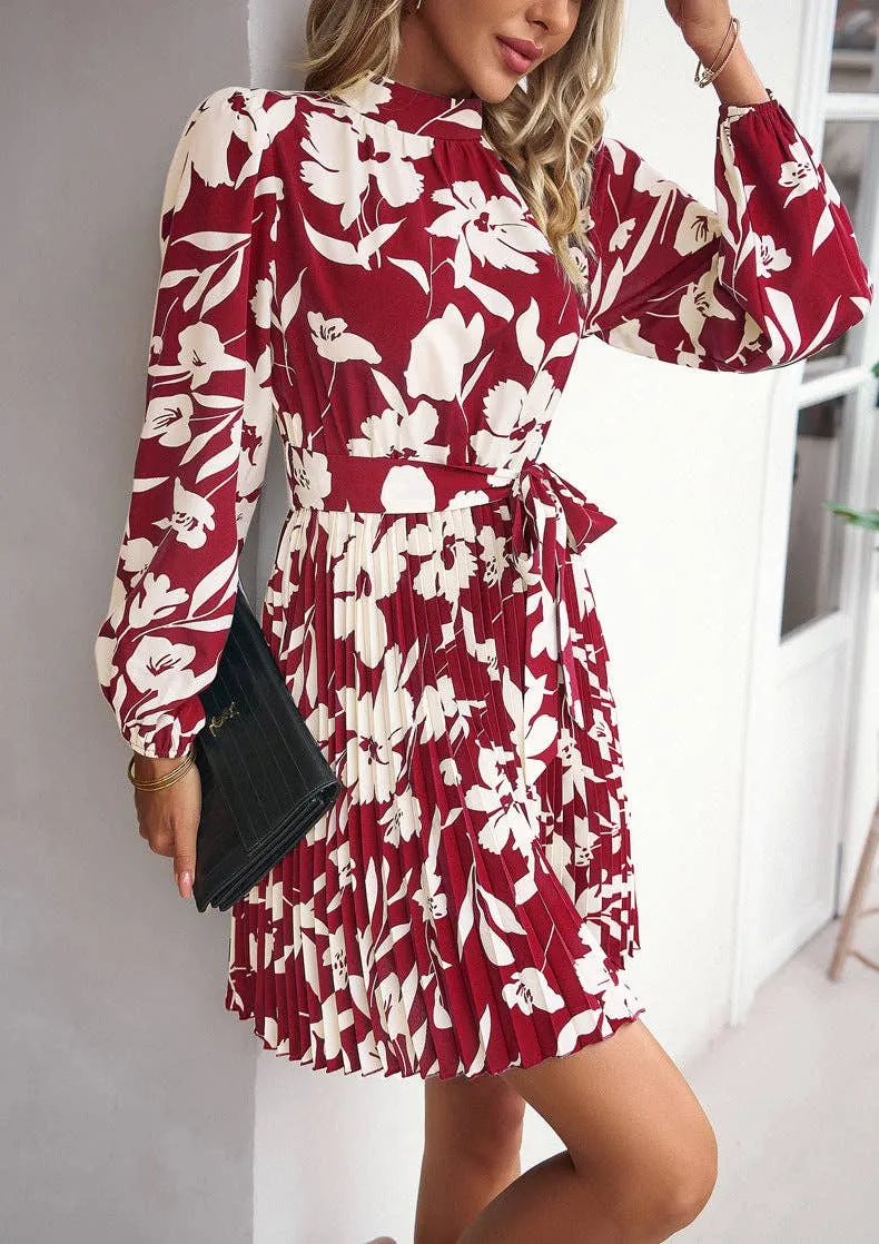 Red Long-Sleeved Floral Print Ruffled Short Dress