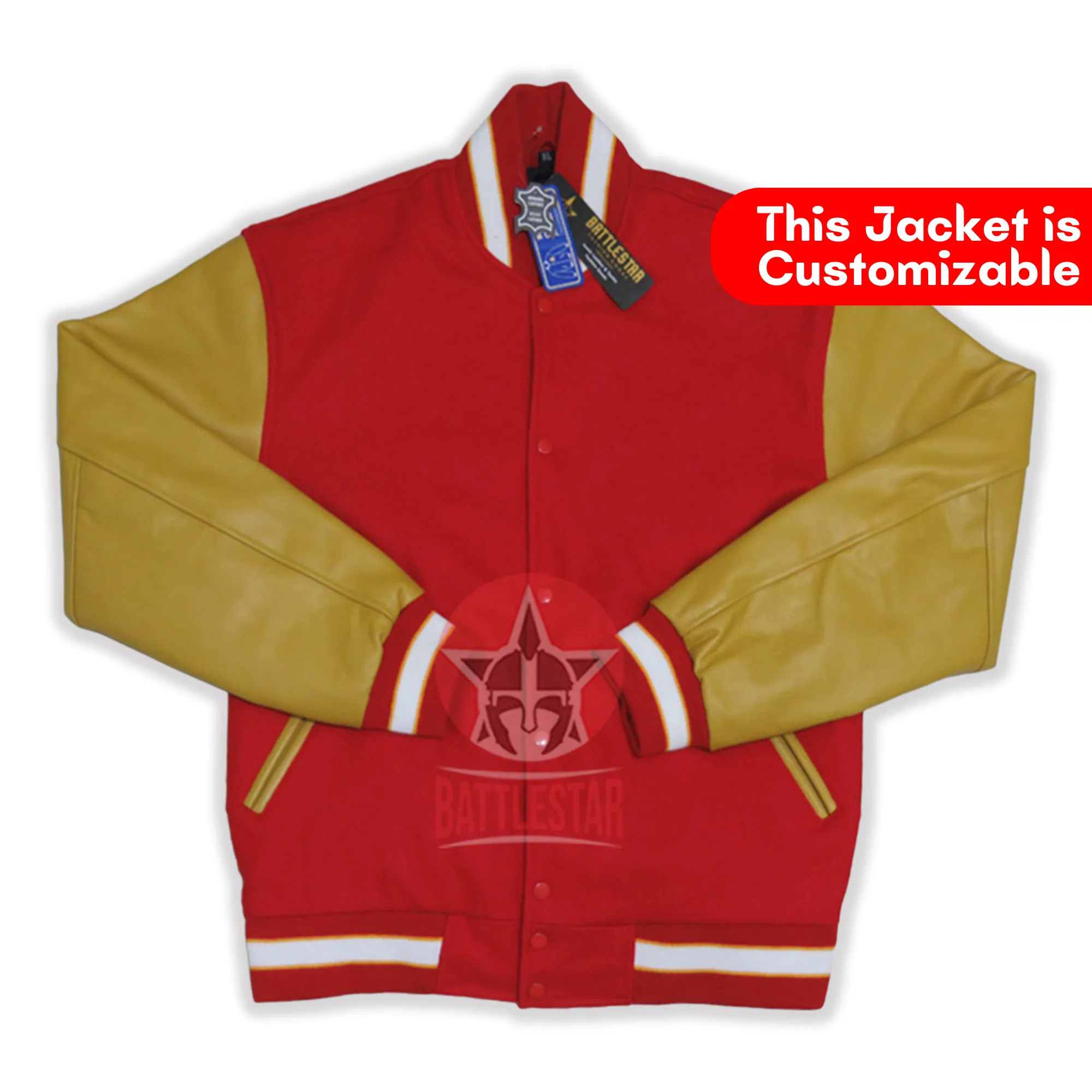 Red Wool Gold Yellow Leather Sleeves Varsity Jacket