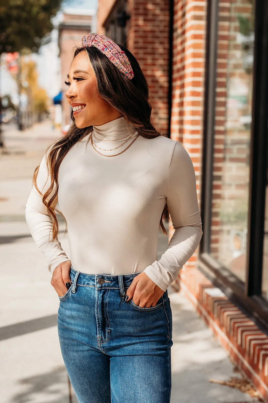 Sand Beige Mock Neck Long Sleeve Bodysuit