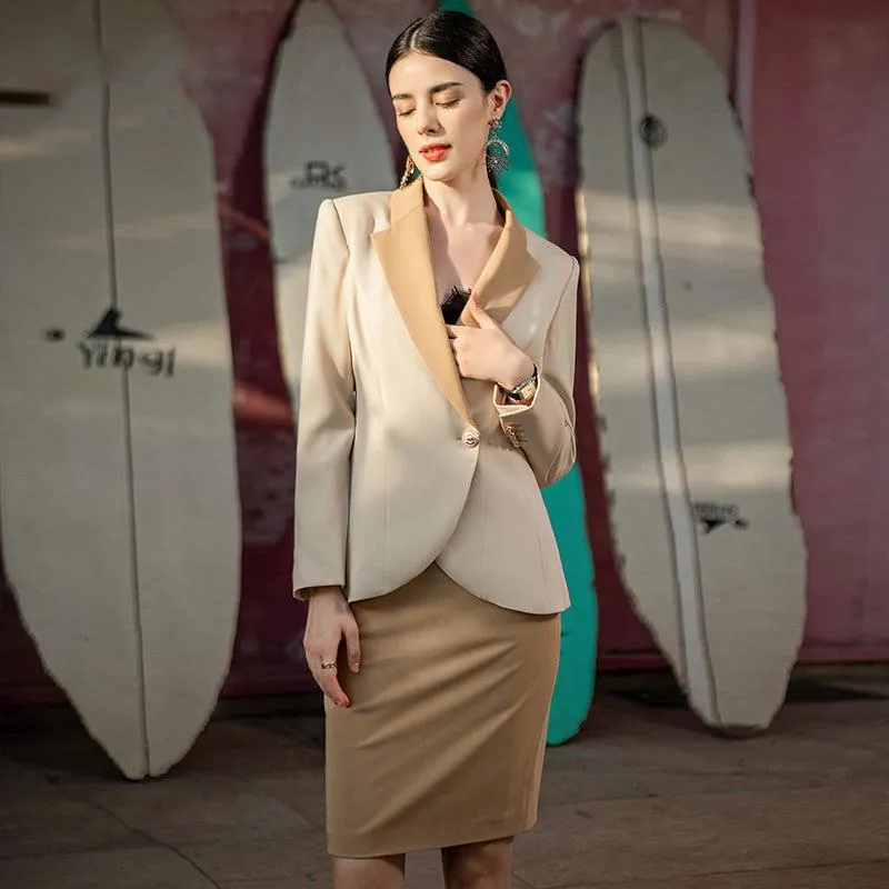 Single-Button Two Tones Blazer Skirt Suit