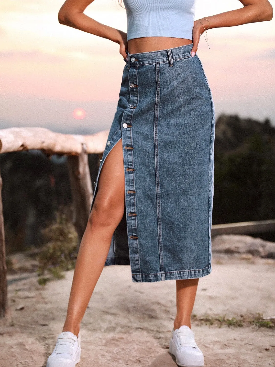 Sky Blue Button Down Denim Skirt