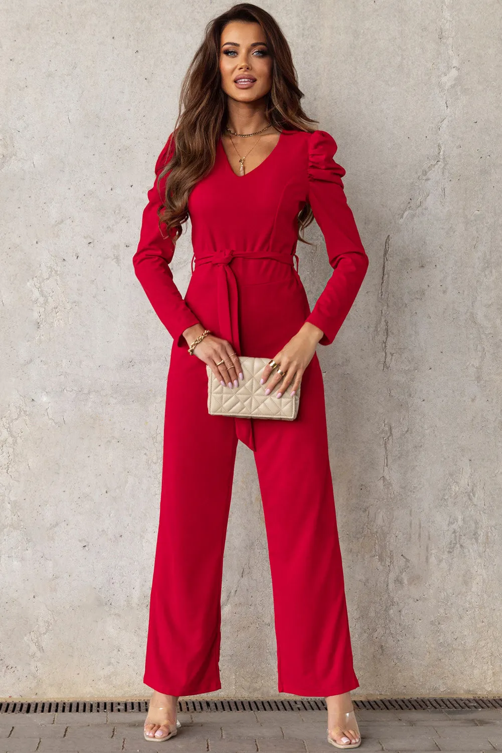 Sunset and Swim Belted Long Puff Sleeve V-Neck Jumpsuit