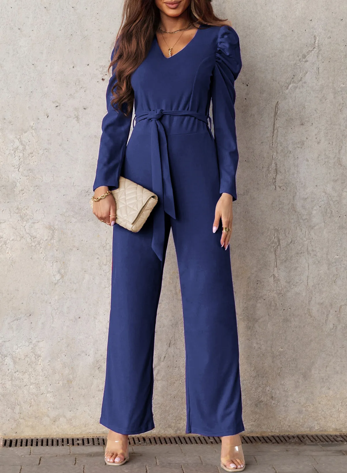 Sunset and Swim Belted Long Puff Sleeve V-Neck Jumpsuit