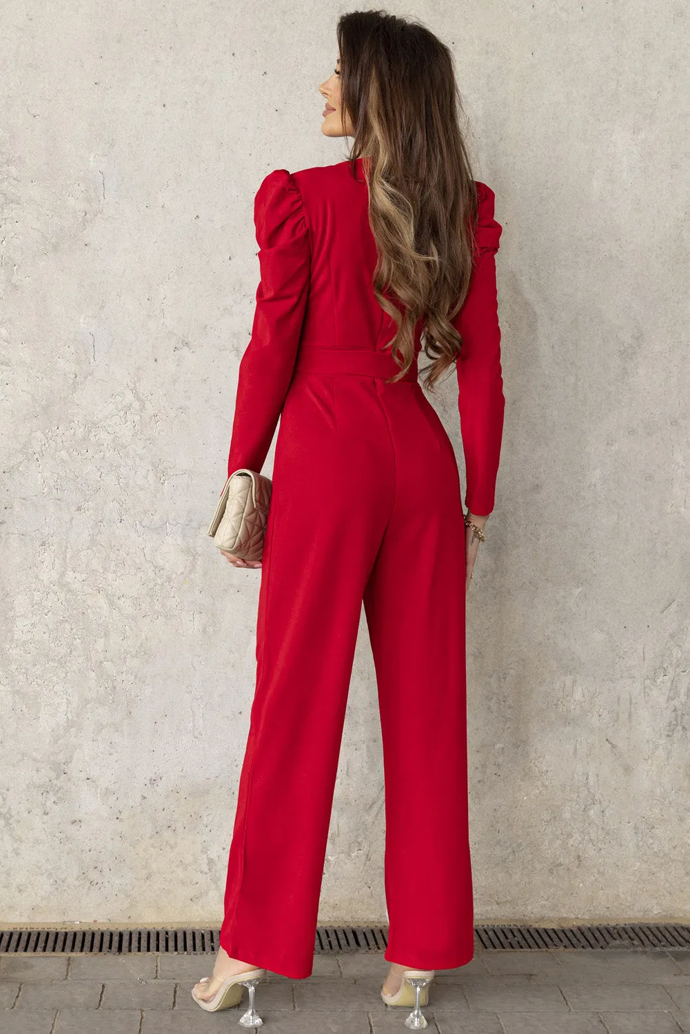 Sunset and Swim Belted Long Puff Sleeve V-Neck Jumpsuit