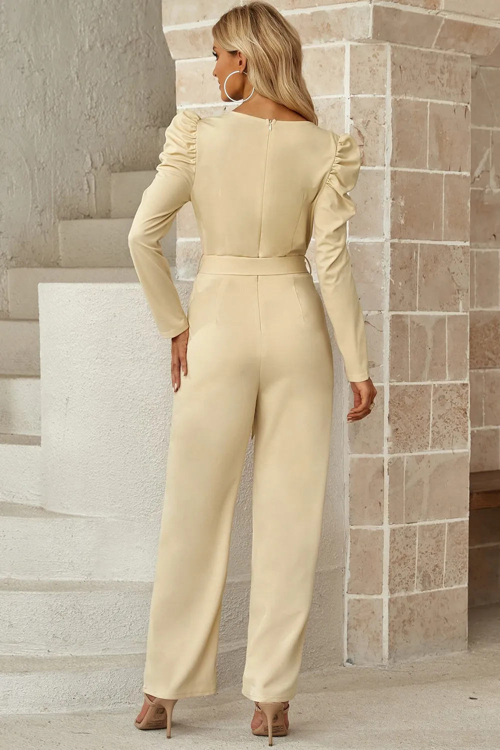 Sunset and Swim Belted Long Puff Sleeve V-Neck Jumpsuit