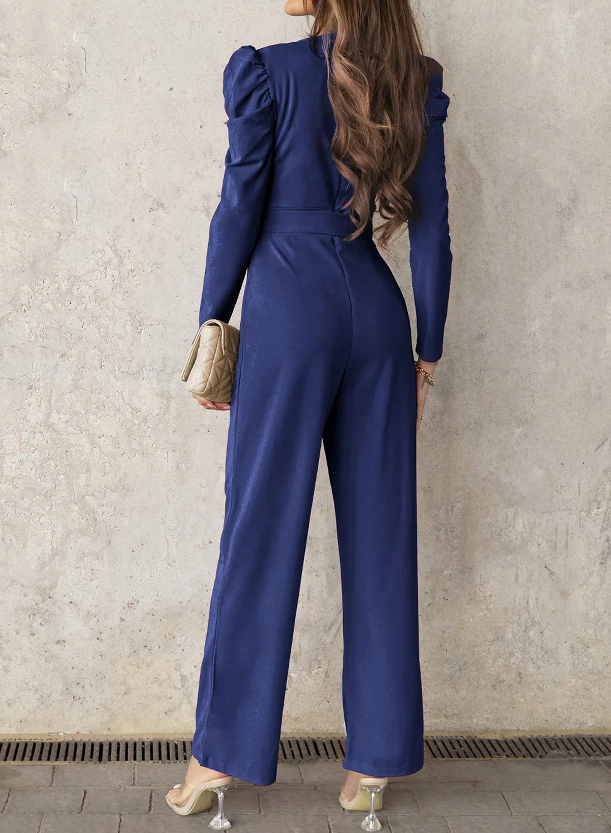 Sunset and Swim Belted Long Puff Sleeve V-Neck Jumpsuit