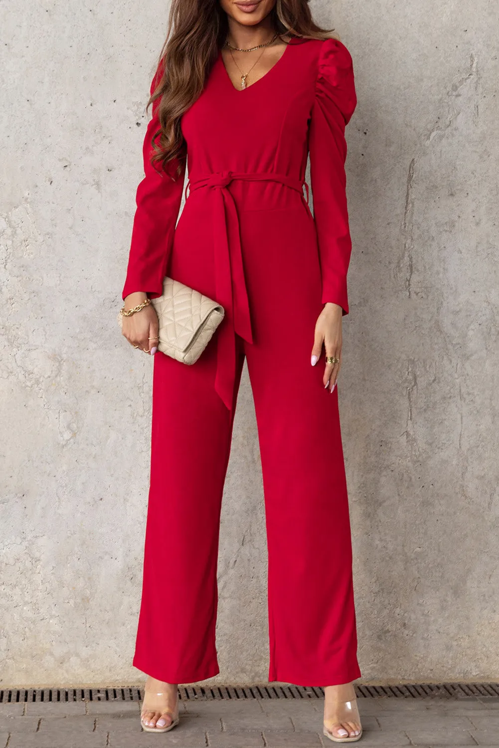 Sunset and Swim Belted Long Puff Sleeve V-Neck Jumpsuit