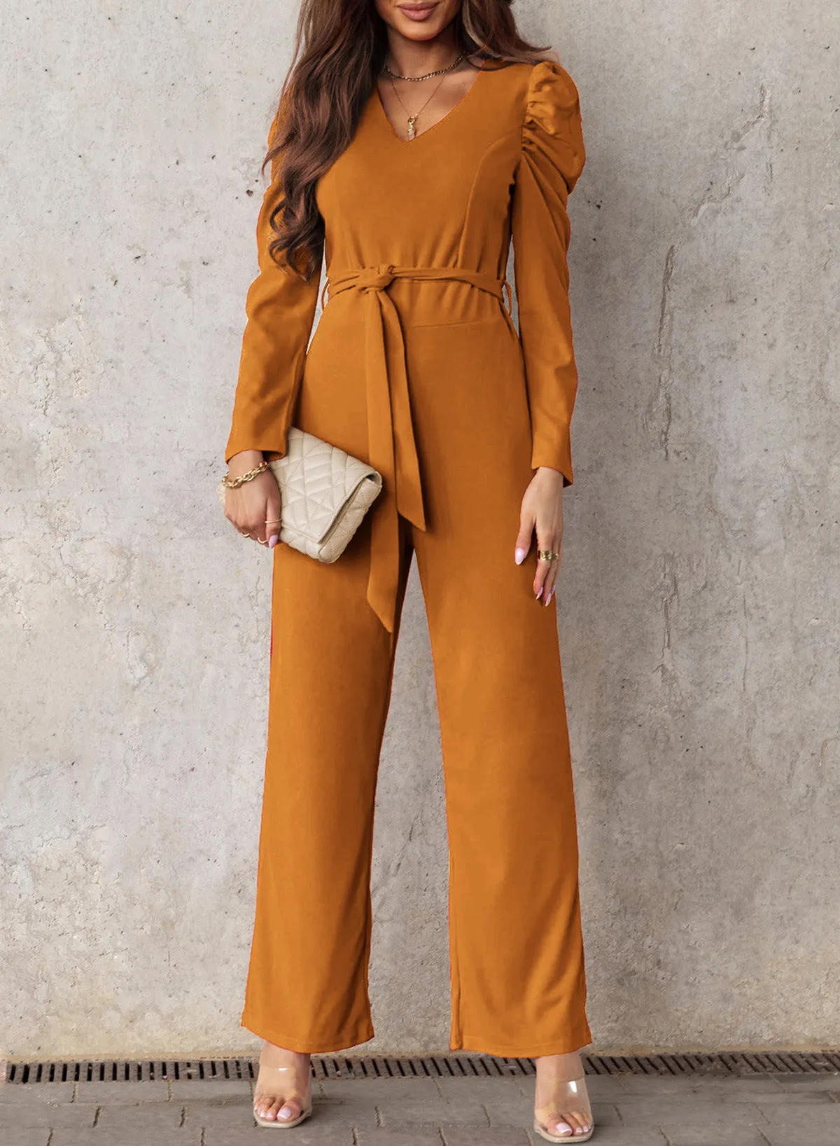 Sunset and Swim Belted Long Puff Sleeve V-Neck Jumpsuit