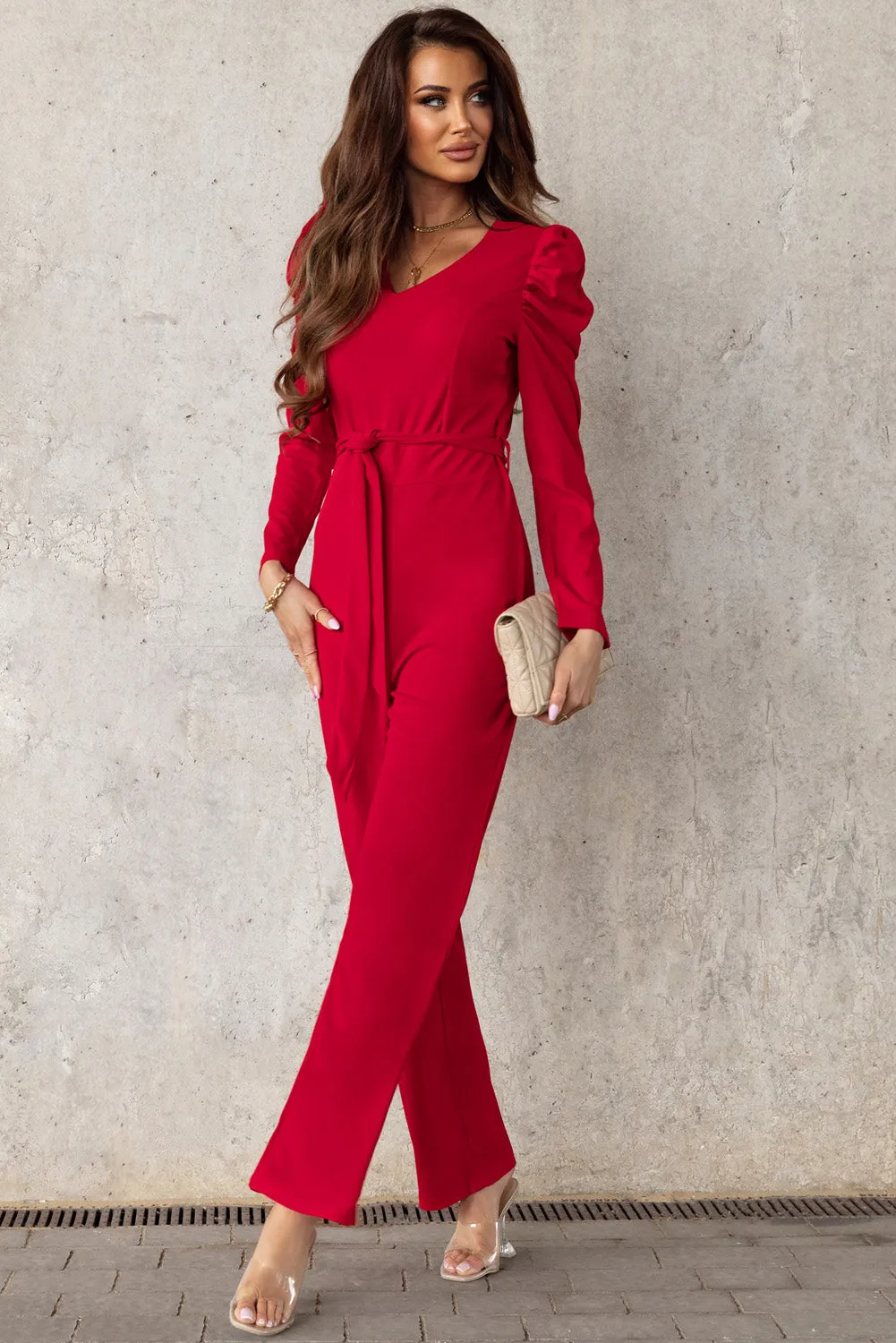 Sunset and Swim Belted Long Puff Sleeve V-Neck Jumpsuit