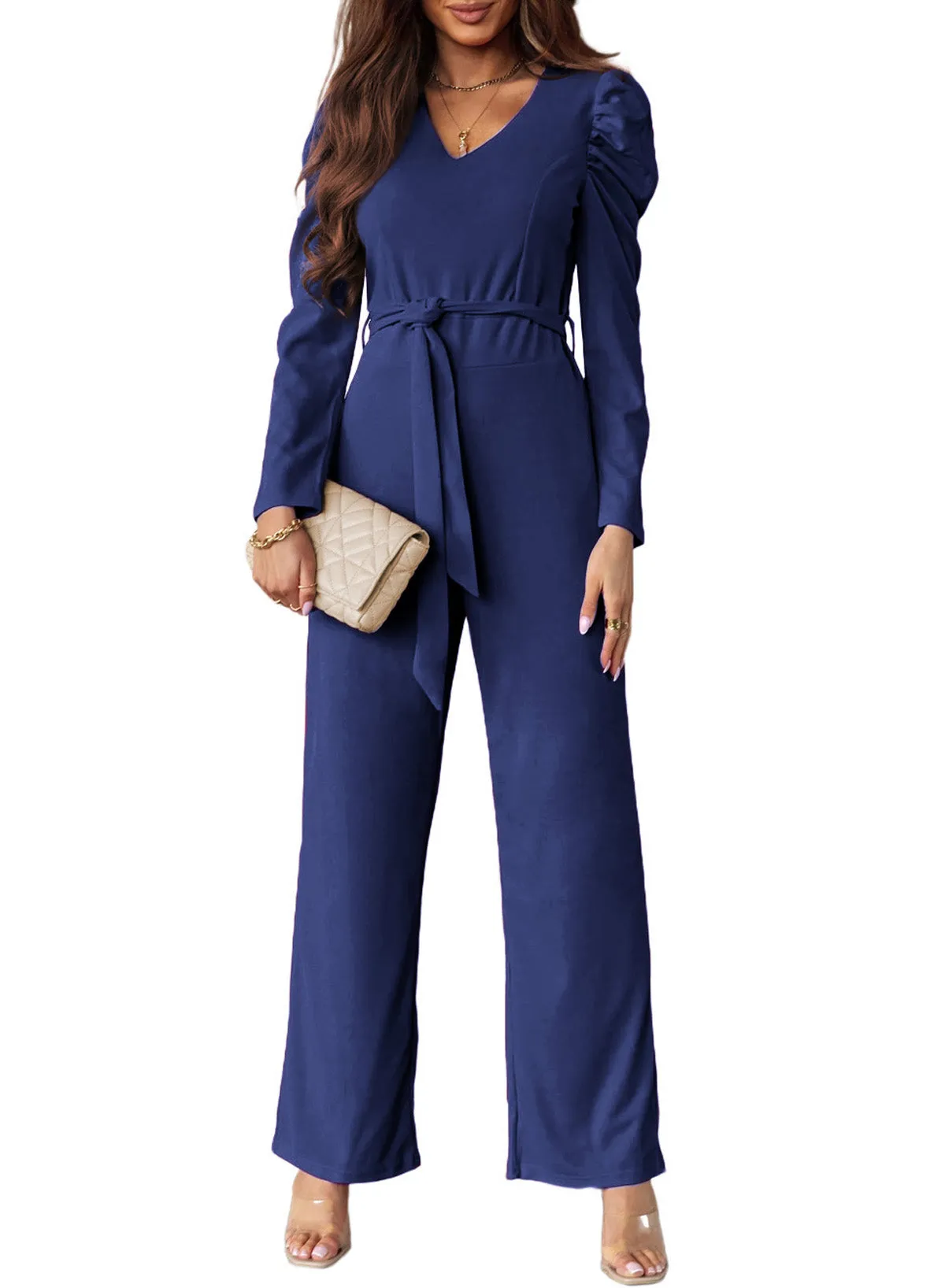 Sunset and Swim Belted Long Puff Sleeve V-Neck Jumpsuit