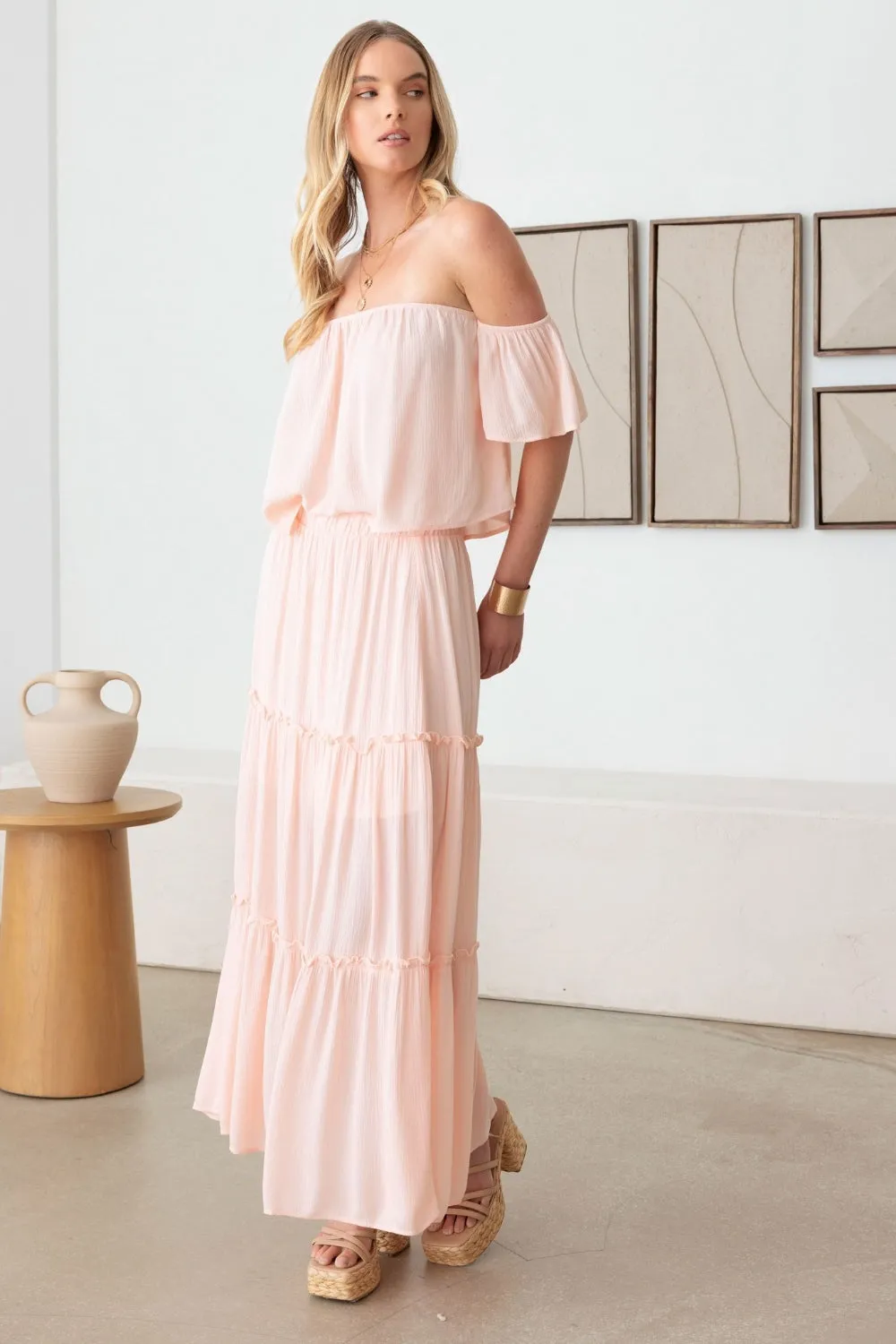 Sunset Vacation Frill Off-Shoulder Tiered Dress