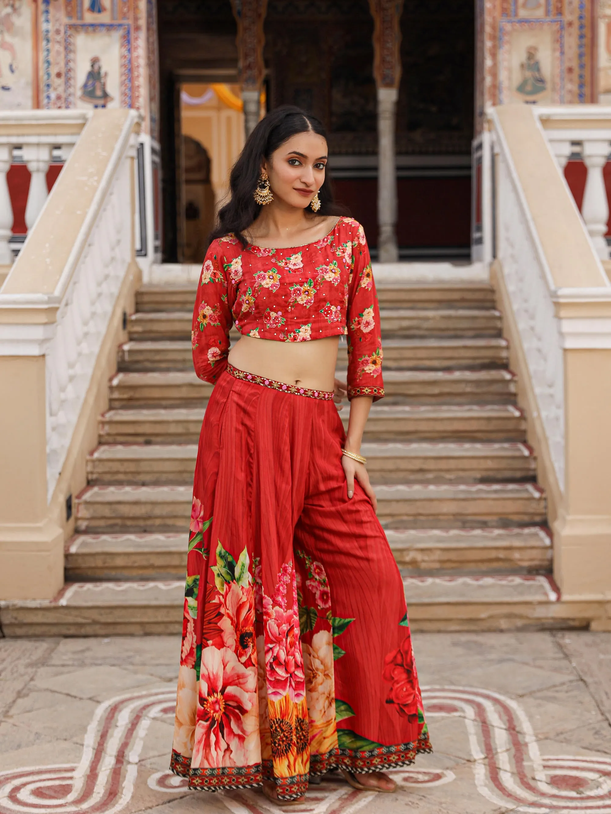 The Adah Rust Floral Printed Viscose Top & Skirt Set With Sequins & Thread Work