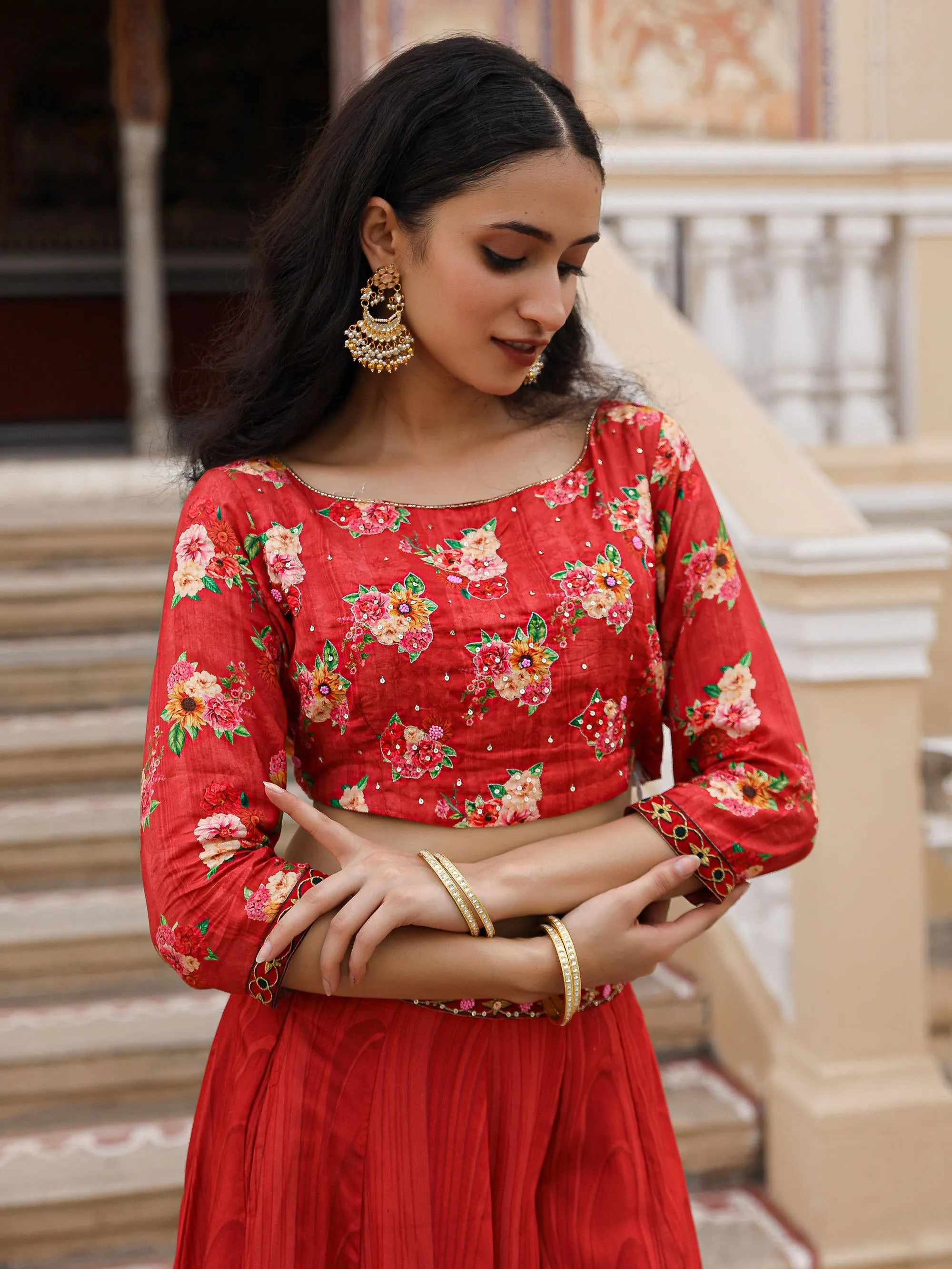 The Adah Rust Floral Printed Viscose Top & Skirt Set With Sequins & Thread Work