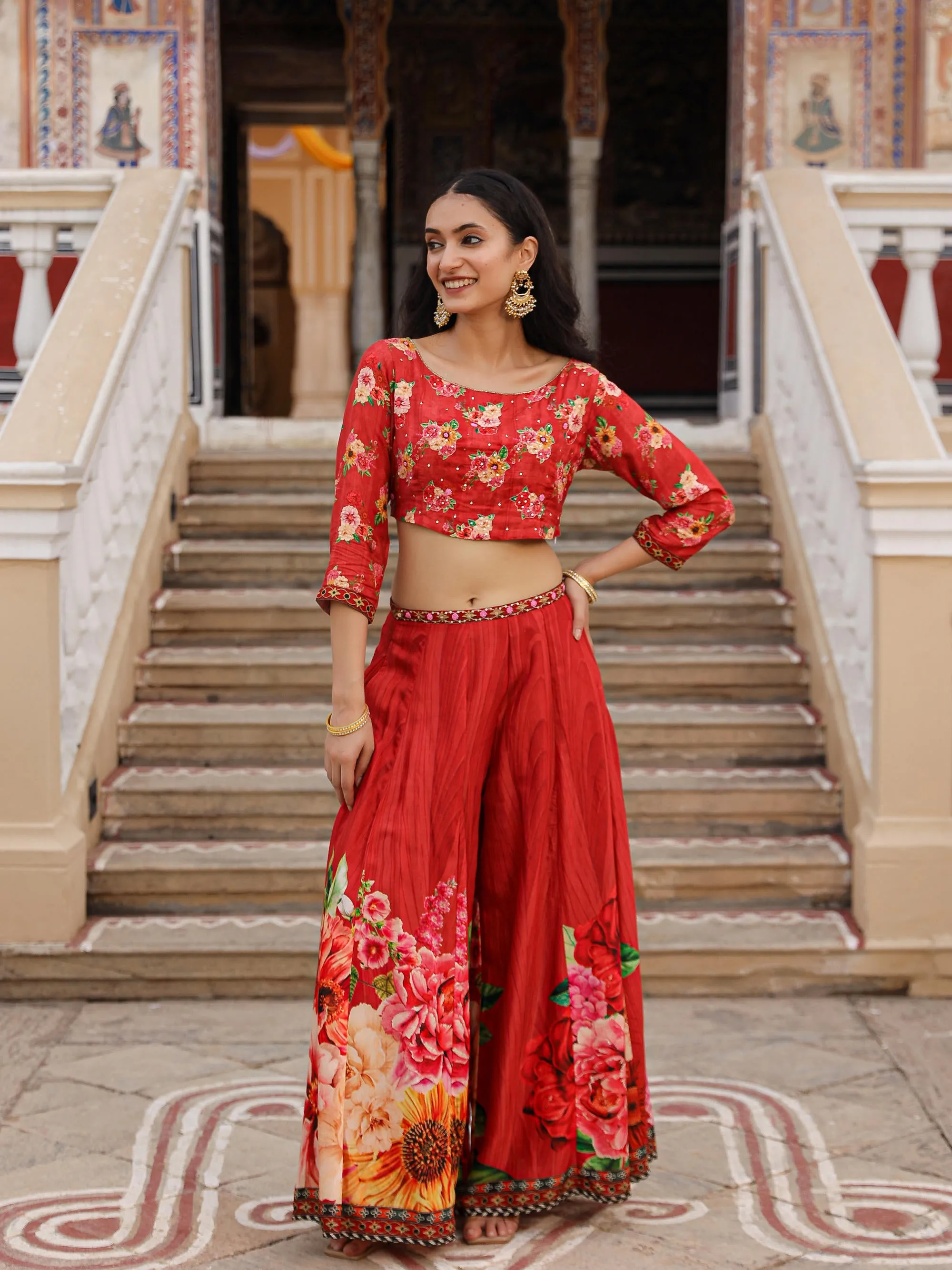 The Adah Rust Floral Printed Viscose Top & Skirt Set With Sequins & Thread Work