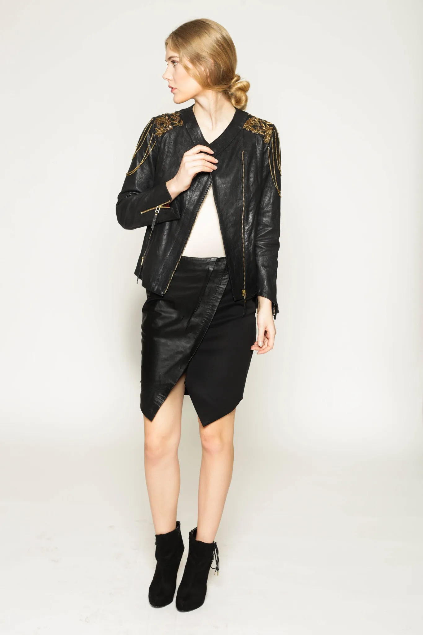 Vegetable dyed, shoulder embellished leather jacket