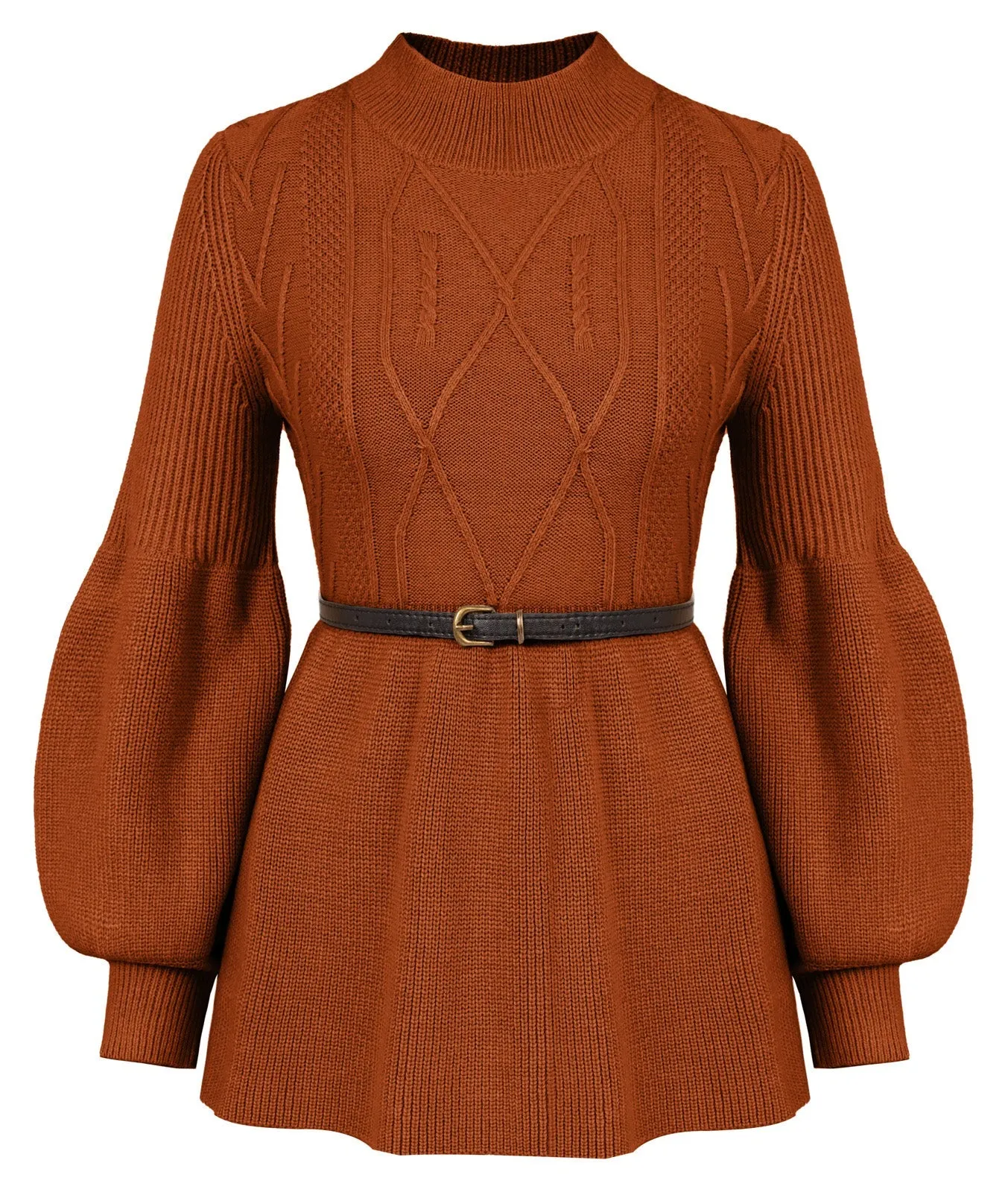 Vintage Fans Look of Peplum Hem Sweater with Belt Lantern Sleeve Mock Neck Pullover