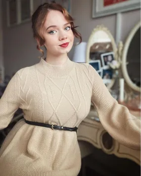 Vintage Fans Look of Peplum Hem Sweater with Belt Lantern Sleeve Mock Neck Pullover