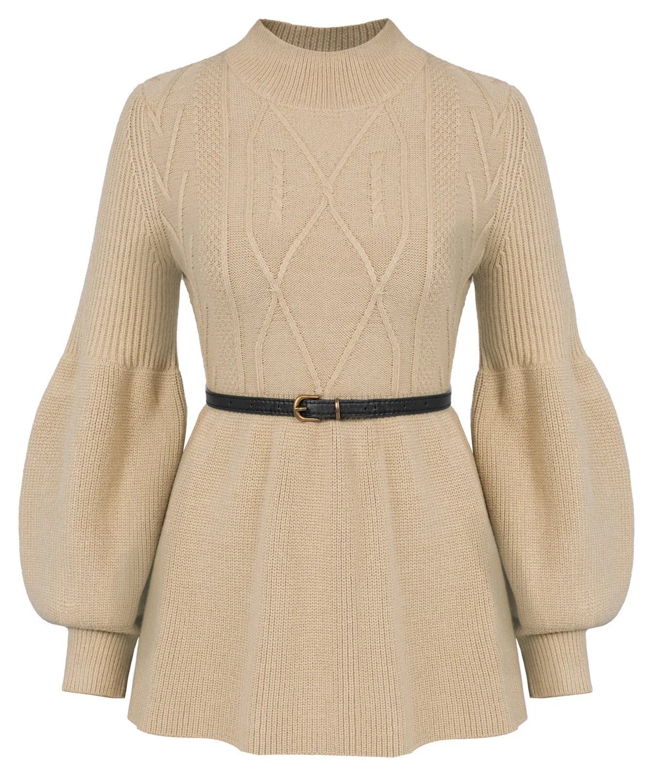 Vintage Fans Look of Peplum Hem Sweater with Belt Lantern Sleeve Mock Neck Pullover