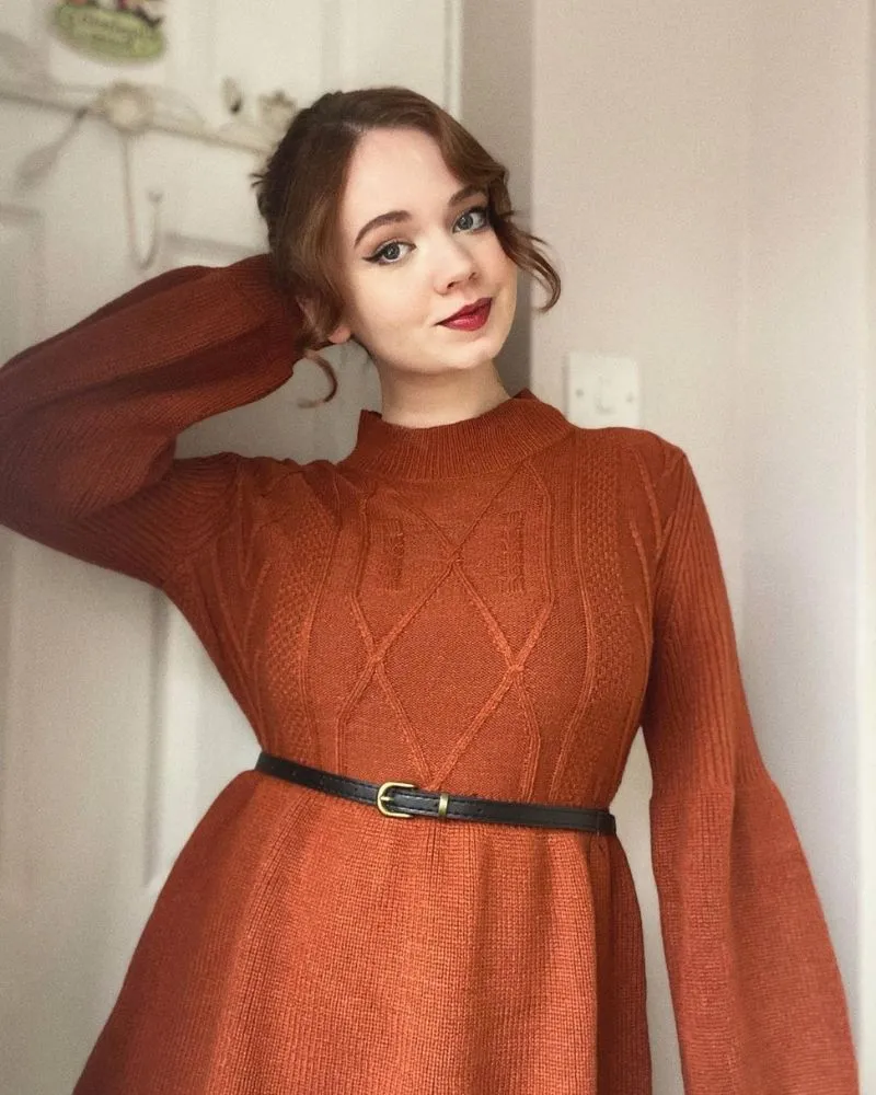 Vintage Fans Look of Peplum Hem Sweater with Belt Lantern Sleeve Mock Neck Pullover