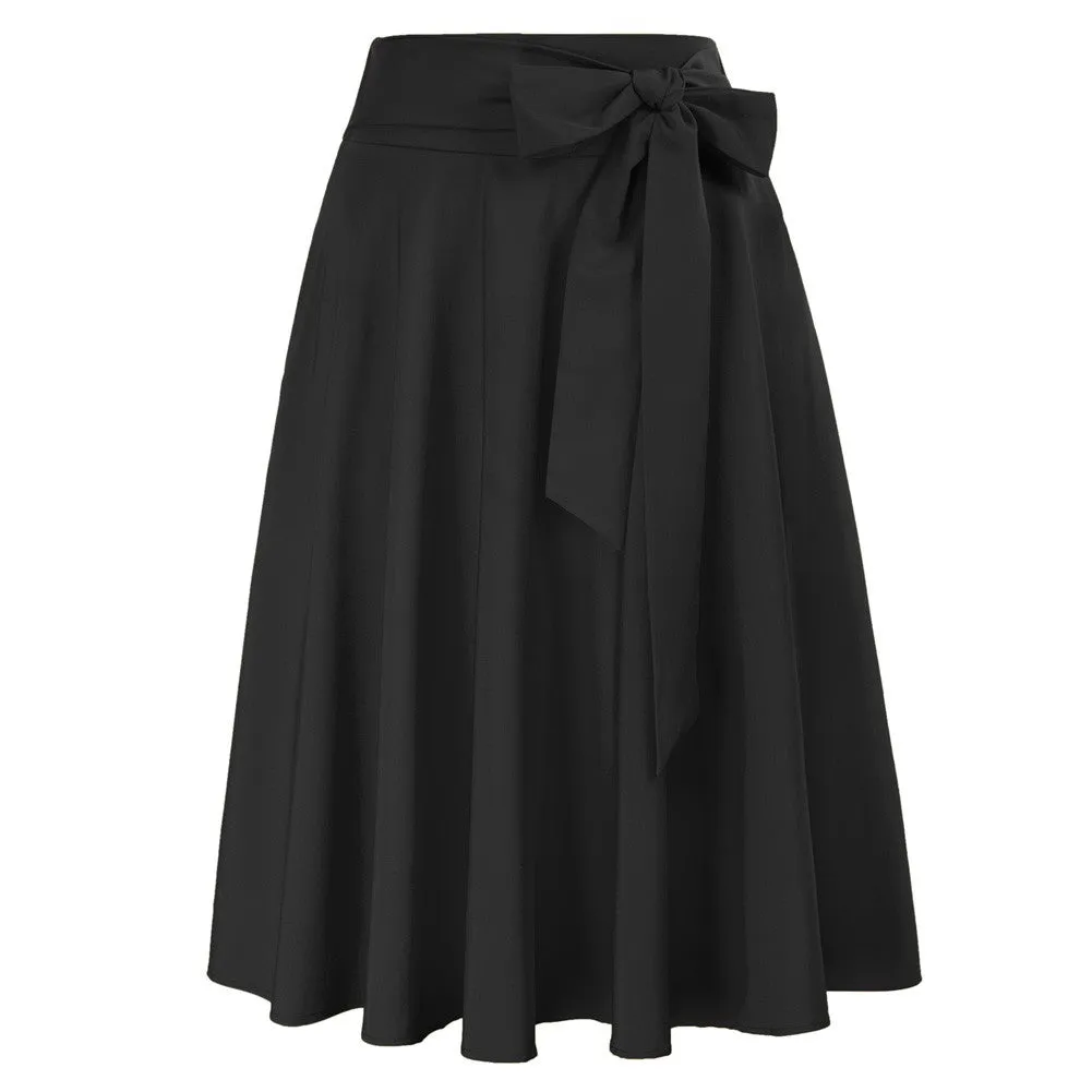 Vintage High Waist A-Line Pockets Skirt Skater Flared Midi Skirts