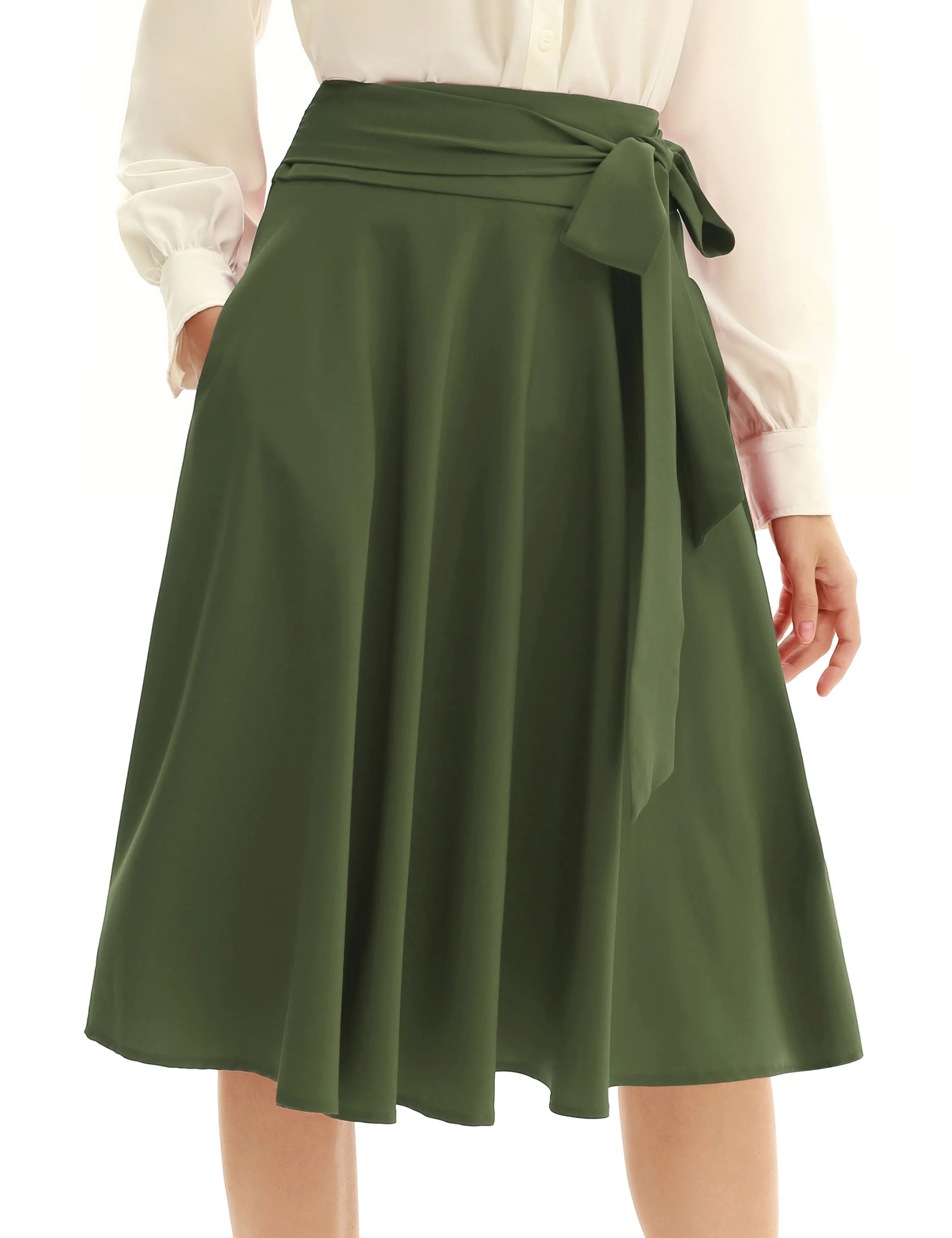 Vintage High Waist A-Line Pockets Skirt Skater Flared Midi Skirts