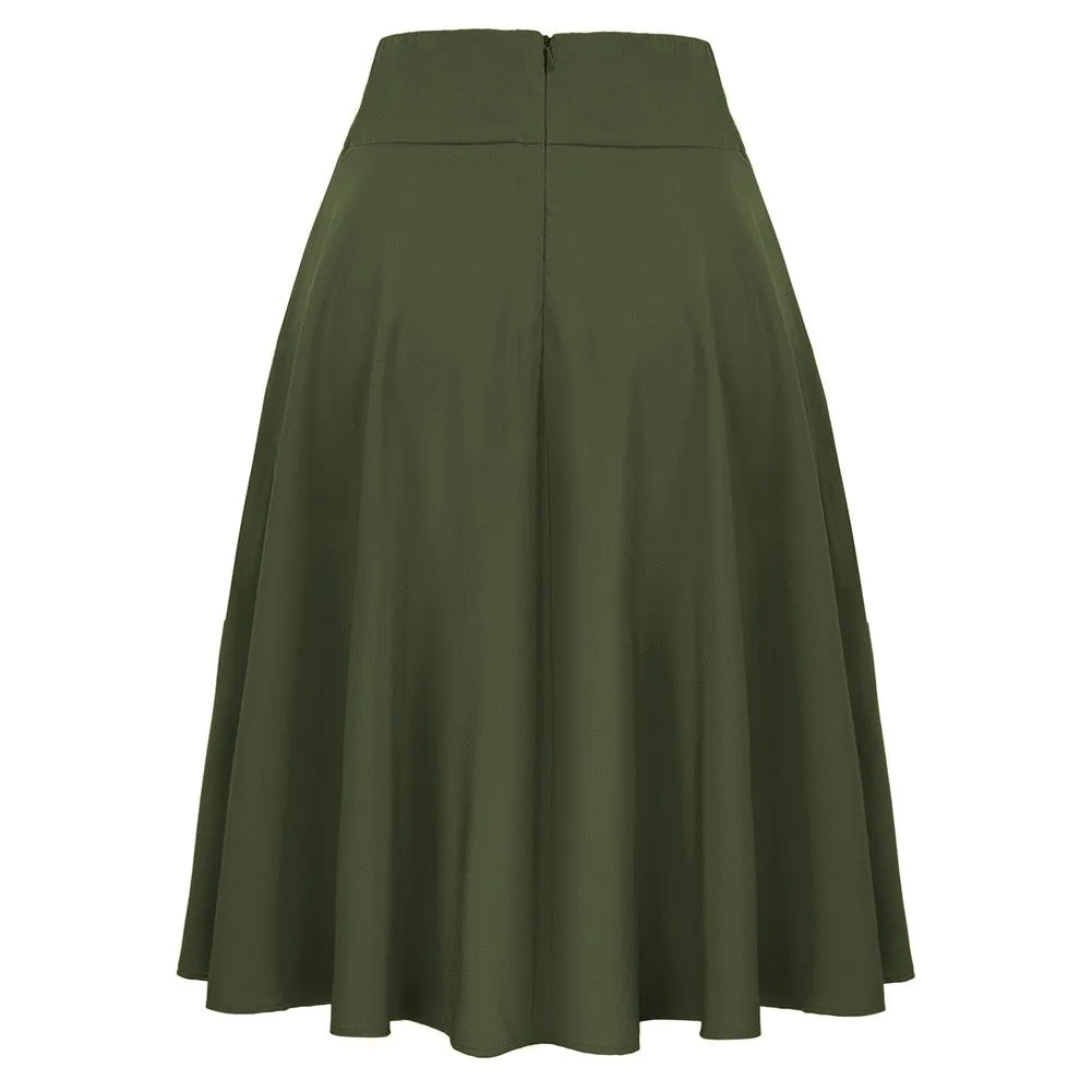 Vintage High Waist A-Line Pockets Skirt Skater Flared Midi Skirts