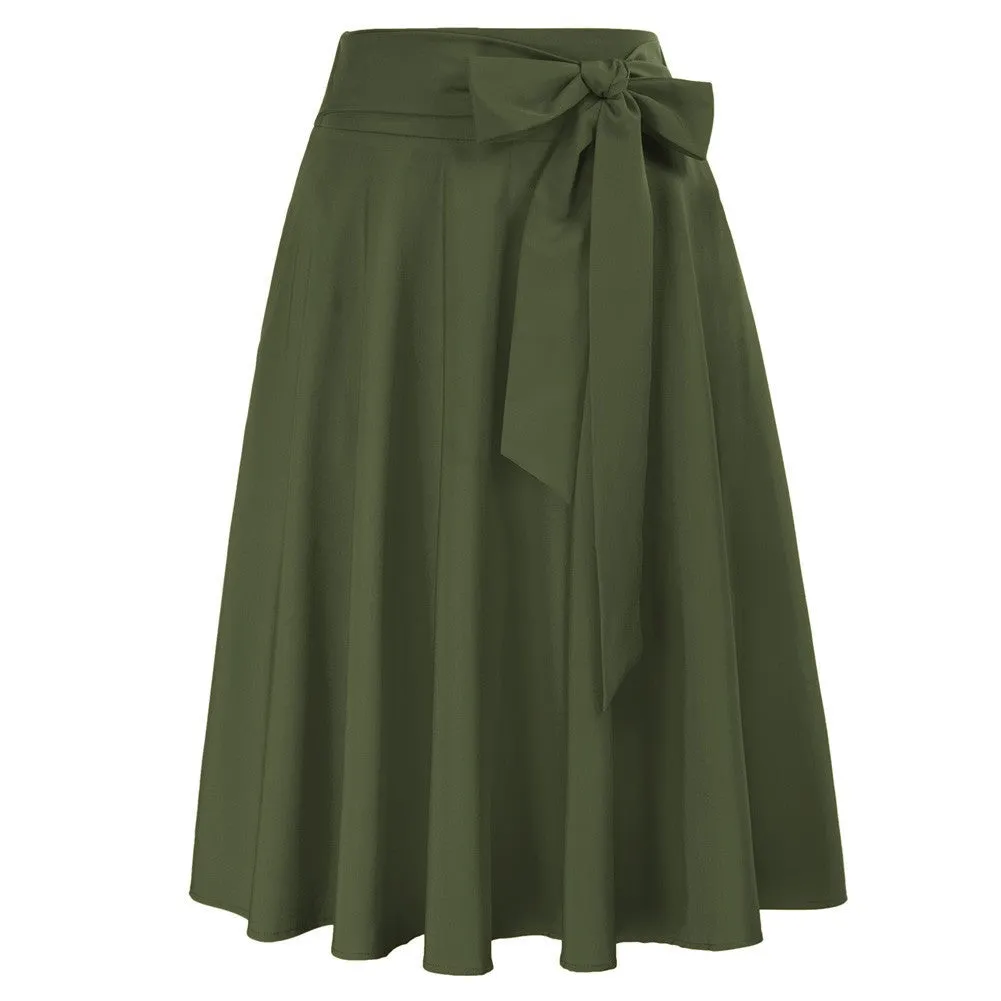 Vintage High Waist A-Line Pockets Skirt Skater Flared Midi Skirts