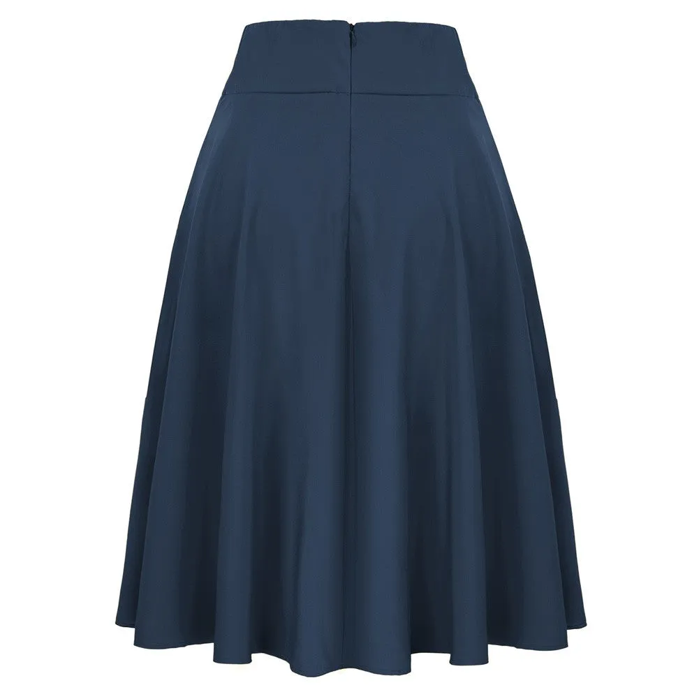 Vintage High Waist A-Line Pockets Skirt Skater Flared Midi Skirts