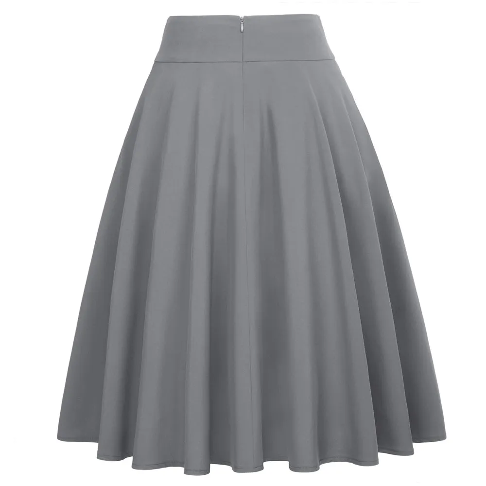 Vintage High Waist A-Line Pockets Skirt Skater Flared Midi Skirts