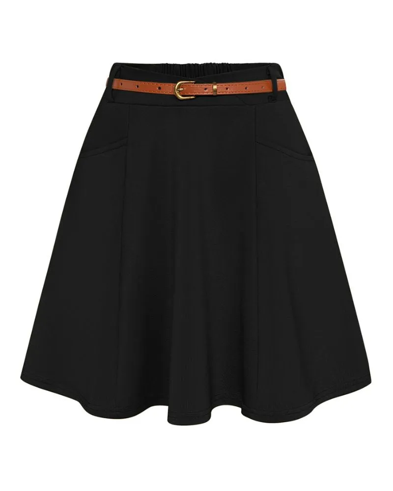 Vintage Mini-Skirt with Belt Elastic Waist Mid-Thigh A-Line Skirt