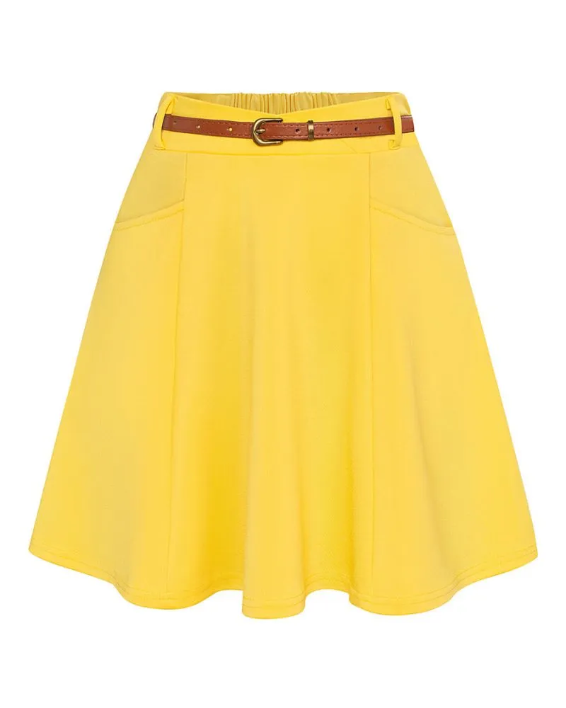 Vintage Mini-Skirt with Belt Elastic Waist Mid-Thigh A-Line Skirt