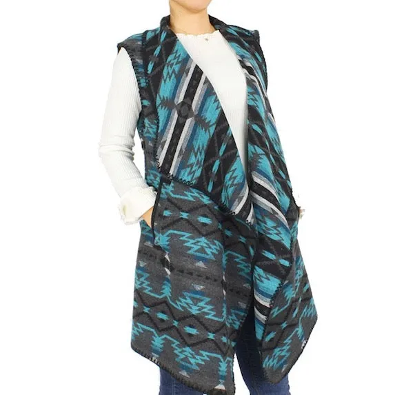 Western Knit Printed Tribal Pattern Pocket Vest Ruana