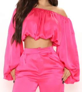 WOMEN SATIN OFF SHOULDER CROP BLOUSE