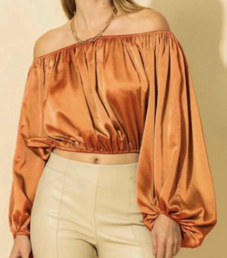 WOMEN SATIN OFF SHOULDER CROP BLOUSE