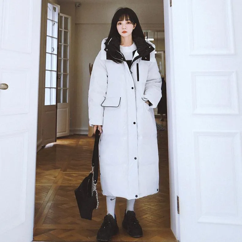 Women White Hooded Long Down Coat Warm Quilted Down Puffer Parka Oversize Black Winter Coat