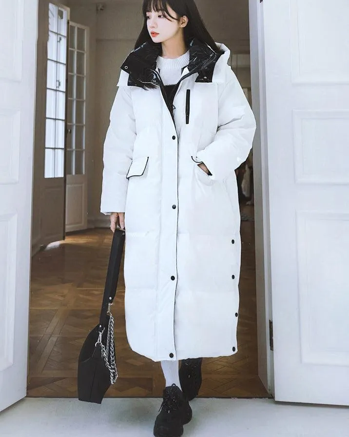 Women White Hooded Long Down Coat Warm Quilted Down Puffer Parka Oversize Black Winter Coat