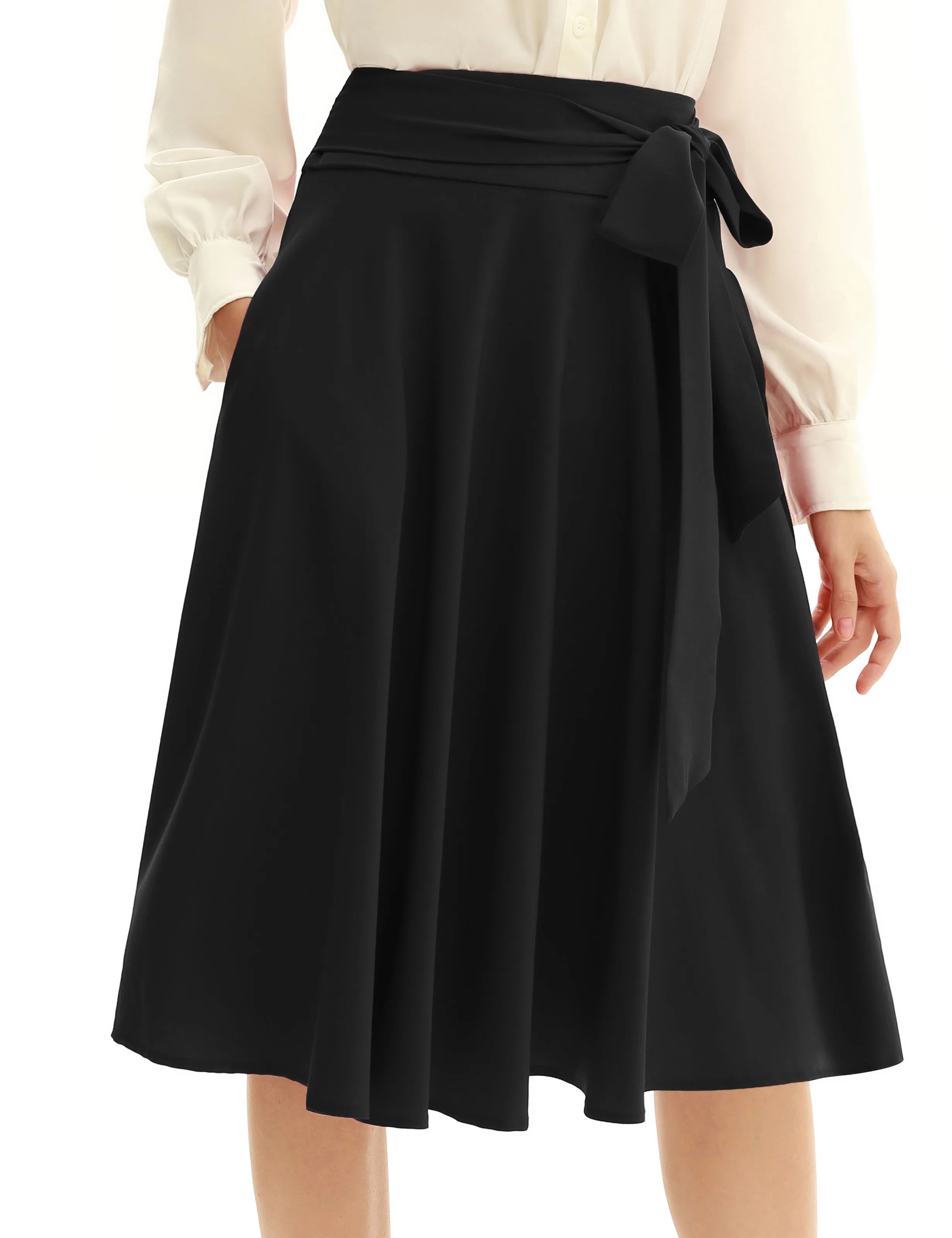 Women's High Waist A-Line Pockets Skirt Skater Flared Midi Skirt Vinage Skirt