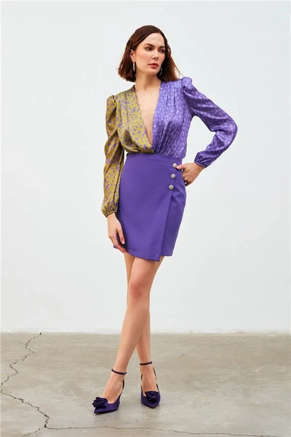 Wrap Button Detailed Skirt - Purple