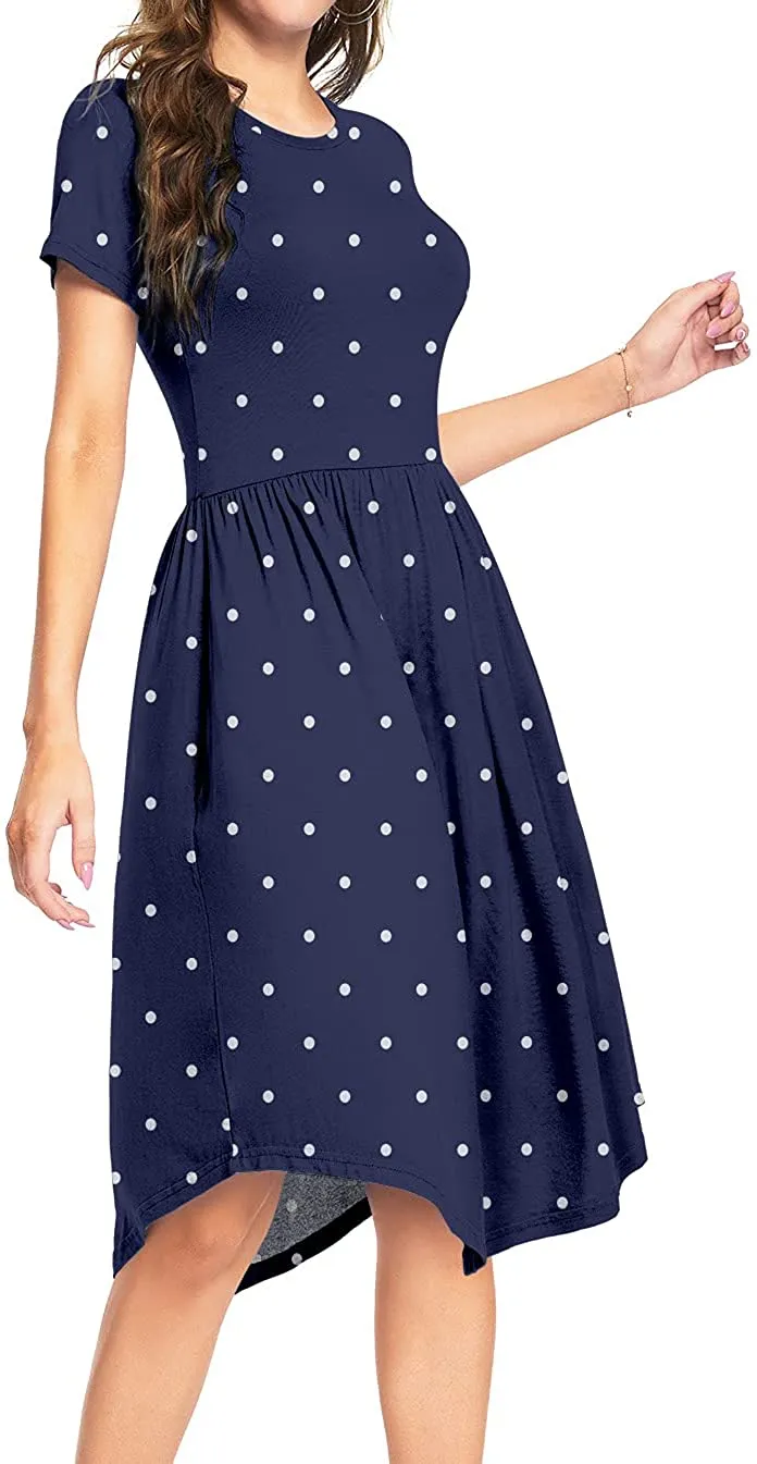 YUNDAI Women Short Sleeve Polka Dot Casual Pockets Swing Pleated Midi Dress Knee Length