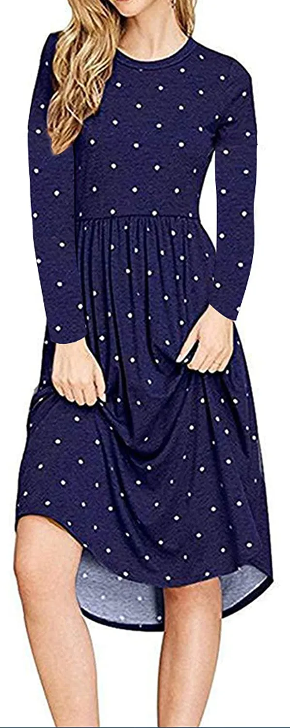 YUNDAI Women Short Sleeve Polka Dot Casual Pockets Swing Pleated Midi Dress Knee Length