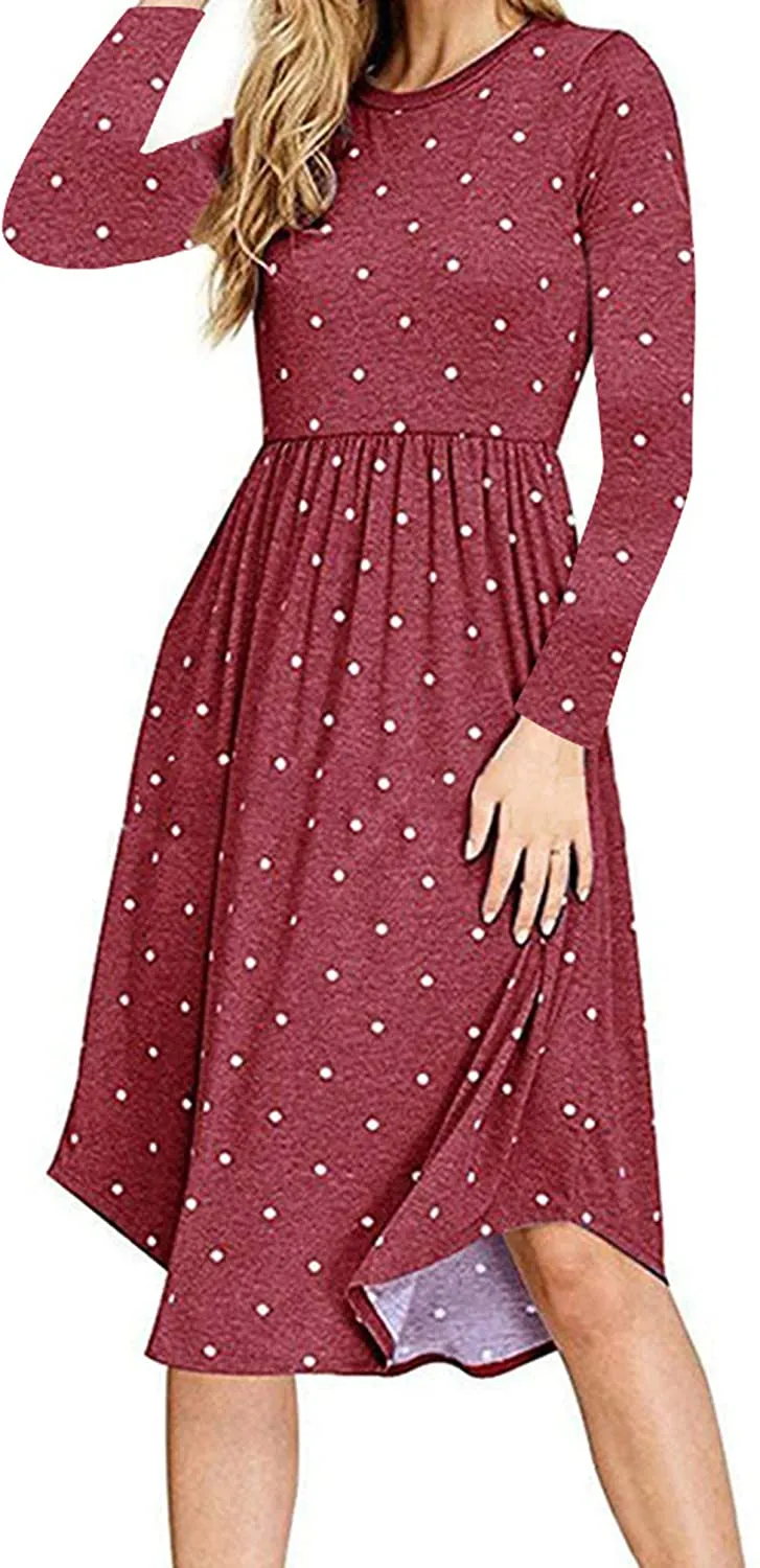 YUNDAI Women Short Sleeve Polka Dot Casual Pockets Swing Pleated Midi Dress Knee Length