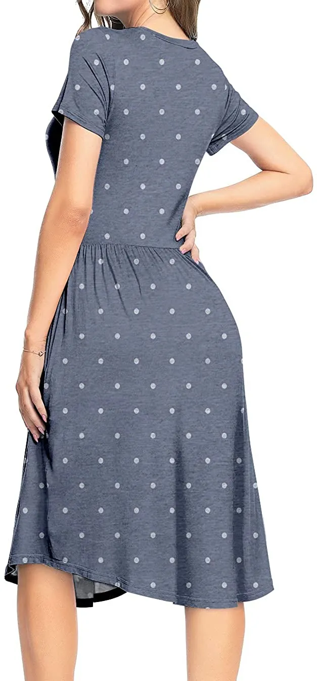 YUNDAI Women Short Sleeve Polka Dot Casual Pockets Swing Pleated Midi Dress Knee Length