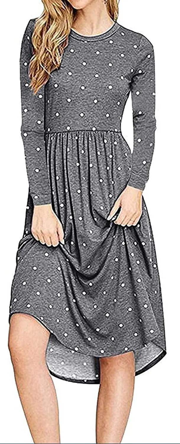 YUNDAI Women Short Sleeve Polka Dot Casual Pockets Swing Pleated Midi Dress Knee Length