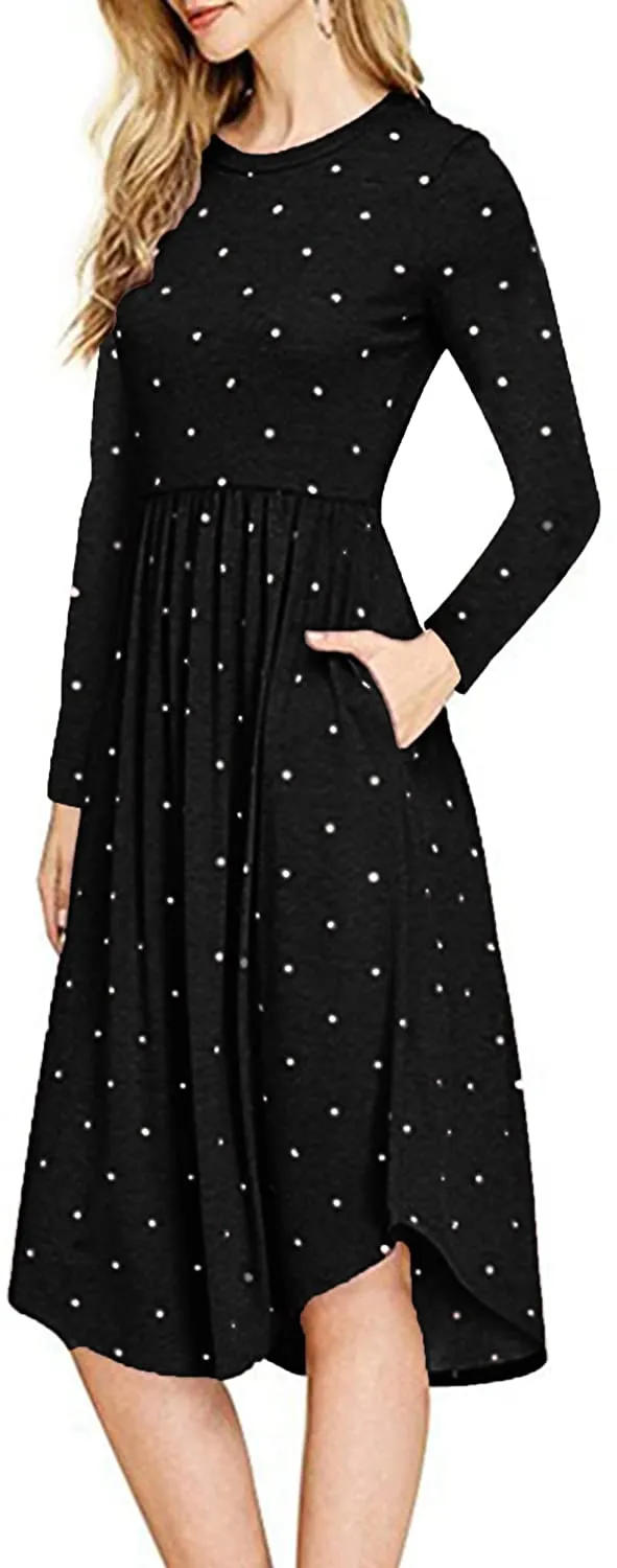 YUNDAI Women Short Sleeve Polka Dot Casual Pockets Swing Pleated Midi Dress Knee Length