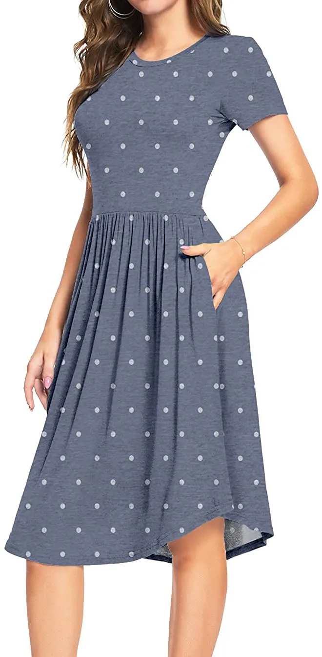 YUNDAI Women Short Sleeve Polka Dot Casual Pockets Swing Pleated Midi Dress Knee Length