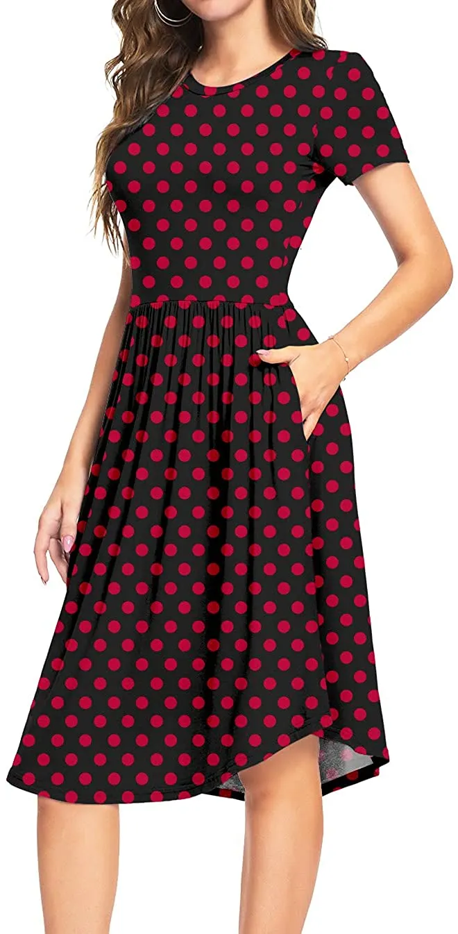 YUNDAI Women Short Sleeve Polka Dot Casual Pockets Swing Pleated Midi Dress Knee Length