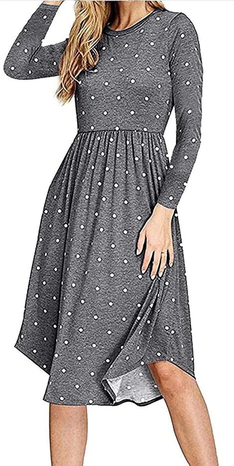 YUNDAI Women Short Sleeve Polka Dot Casual Pockets Swing Pleated Midi Dress Knee Length